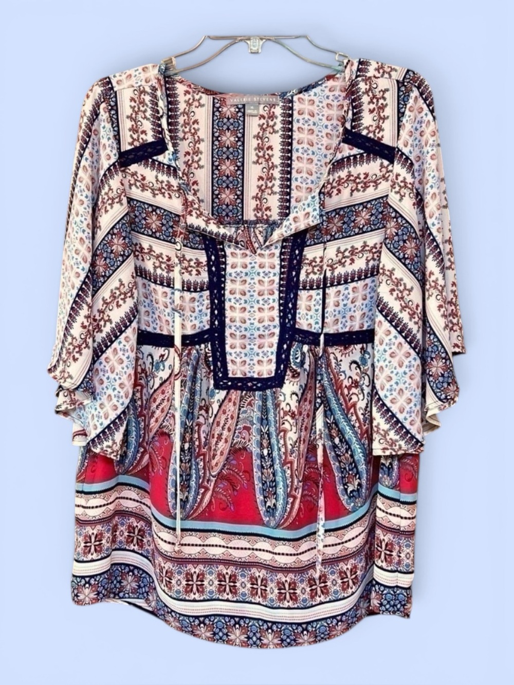 Valerie Stevens Boho Paisley Floral Blouse Pullover Size XL‎ 3/4 Batwing Sleeve